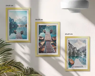Photo frame wall calm lake with wooden piers and boats