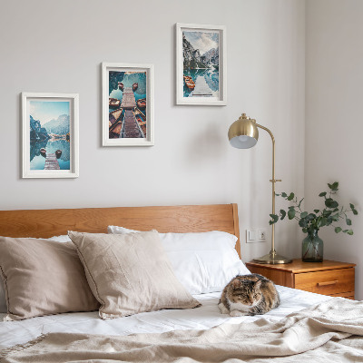 Photo frame wall A calm lake with wooden piers and boats