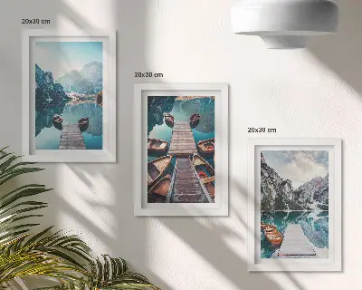 Photo frame wall calm lake with wooden piers and boats