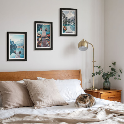 Photo frame wall A calm lake with wooden piers and boats