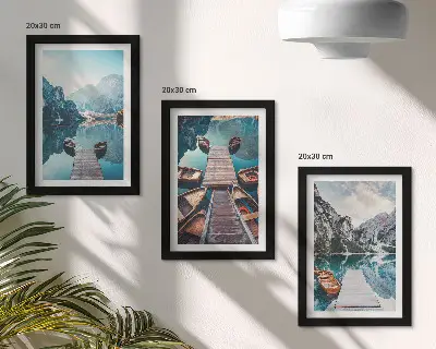 Photo frame wall calm lake with wooden piers and boats