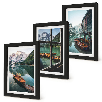 Framed triptych View of a mountain lake with boats and a house by the water