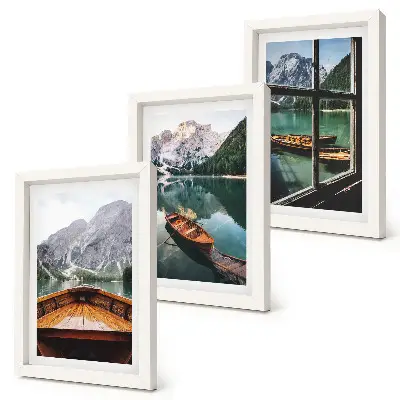 3-piece wall art set view of a mountain lake with boats and a window background
