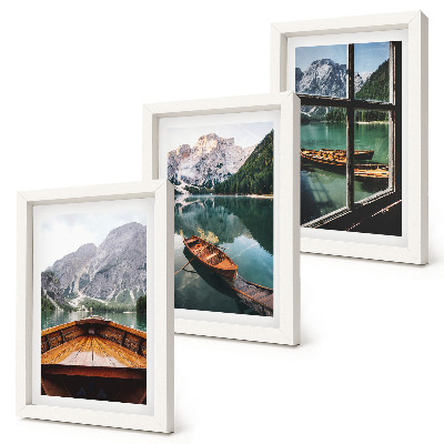 3-piece wall art set View of a mountain lake with boats and a window in the background