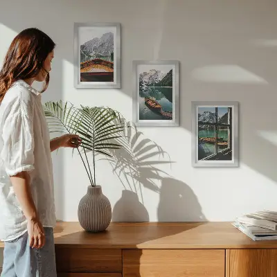 3-piece wall art set view of a mountain lake with boats and a window background