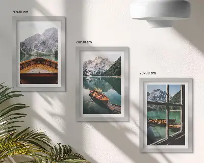 3-piece wall art set view of a mountain lake with boats and a window background
