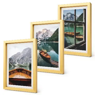 3-piece wall art set view of a mountain lake with boats and a window background