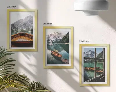 3-piece wall art set view of a mountain lake with boats and a window background