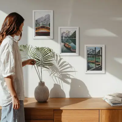 3-piece wall art set view of a mountain lake with boats and a window background