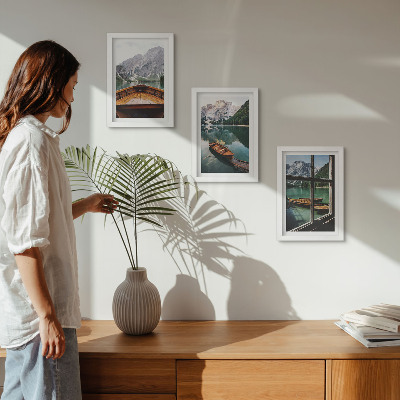 3-piece wall art set View of a mountain lake with boats and a window in the background