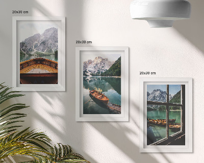 3-piece wall art set View of a mountain lake with boats and a window in the background