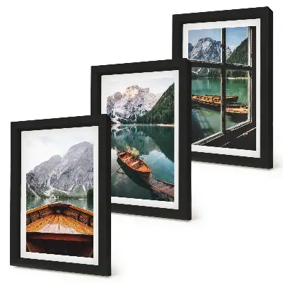 3-piece wall art set view of a mountain lake with boats and a window background