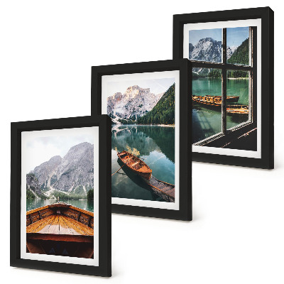 3-piece wall art set View of a mountain lake with boats and a window in the background