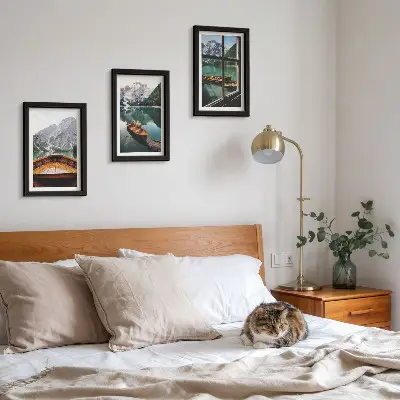 3-piece wall art set view of a mountain lake with boats and a window background