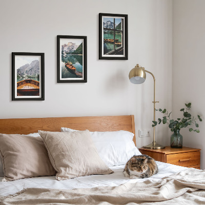 3-piece wall art set View of a mountain lake with boats and a window in the background