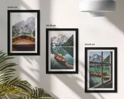 3-piece wall art set view of a mountain lake with boats and a window background