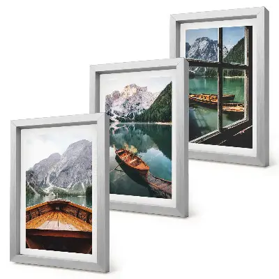 3-piece wall art set view of a mountain lake with boats and a window background