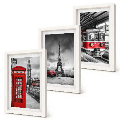 Photo frame wall Iconic cities London Paris and rail transport