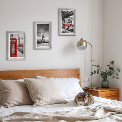 Photo frame wall Iconic cities London Paris and rail transport