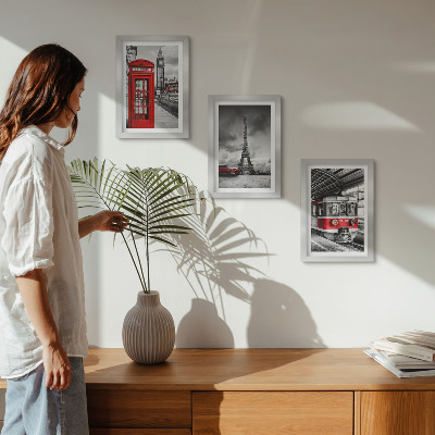 Photo frame wall Iconic cities London Paris and rail transport