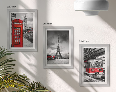 Photo frame wall Iconic cities London Paris and rail transport