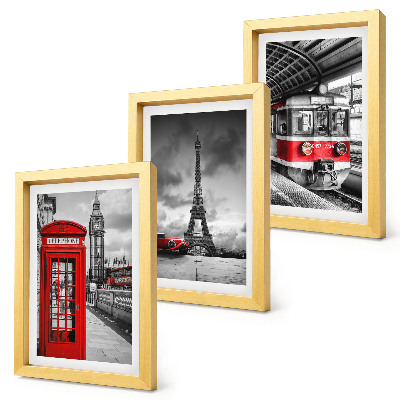 Photo frame wall Iconic cities London Paris and rail transport