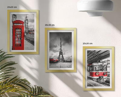 Photo frame wall Iconic cities London Paris and rail transport