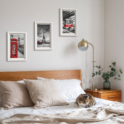 Photo frame wall Iconic cities London Paris and rail transport