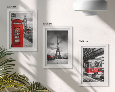 Photo frame wall Iconic cities London Paris and rail transport