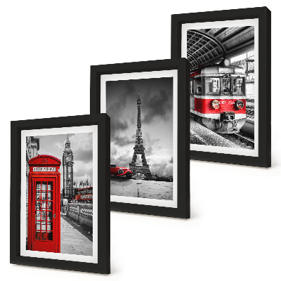 Photo frame wall Iconic cities London Paris and rail transport
