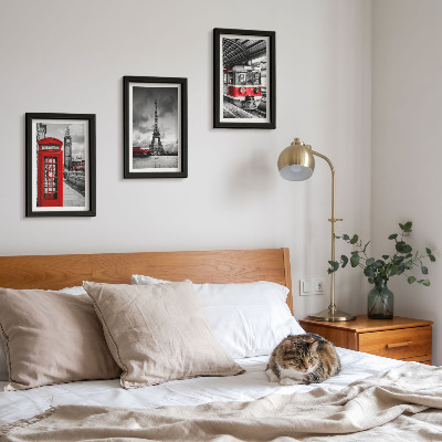 Photo frame wall Iconic cities London Paris and rail transport