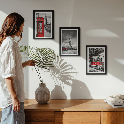 Photo frame wall Iconic cities London Paris and rail transport
