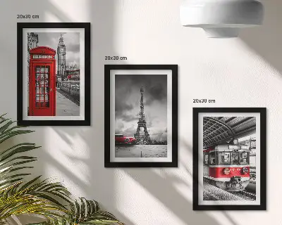 Photo frame wall featuring iconic London and Paris cityscapes with rail transport