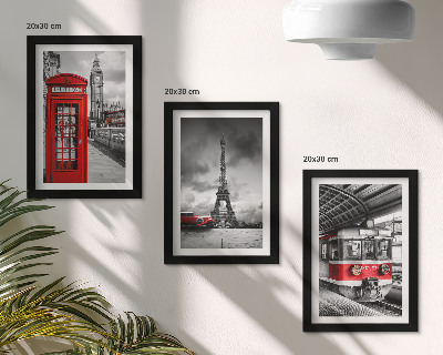Photo frame wall Iconic cities London Paris and rail transport