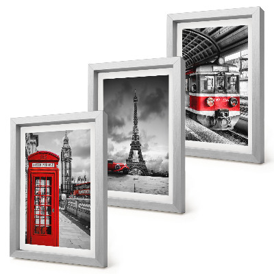 Photo frame wall Iconic cities London Paris and rail transport