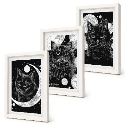 Framed triptych Black cats against the backdrop of the moon and planets in space