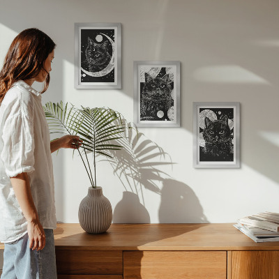 Framed triptych Black cats against the backdrop of the moon and planets in space