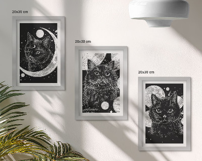 Framed triptych Black cats against the backdrop of the moon and planets in space