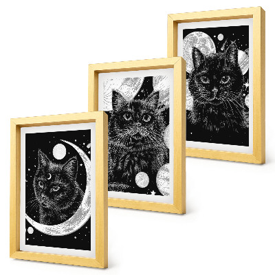 Framed triptych Black cats against the backdrop of the moon and planets in space