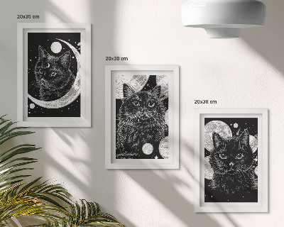 Framed triptych Black cats against the backdrop of the moon and planets in space