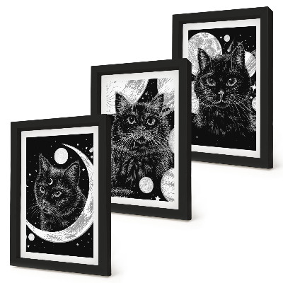 Framed triptych Black cats against the backdrop of the moon and planets in space