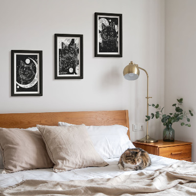 Framed triptych Black cats against the backdrop of the moon and planets in space