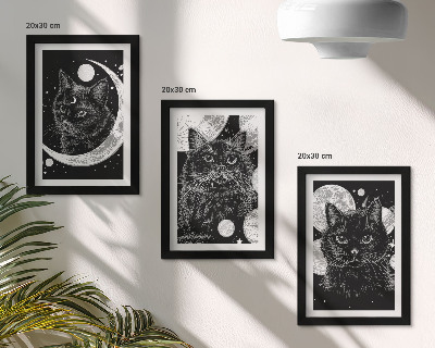 Framed triptych Black cats against the backdrop of the moon and planets in space