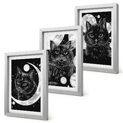 Framed triptych Black cats against the backdrop of the moon and planets in space