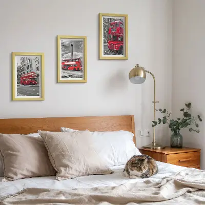 3-piece wall art set featuring red buses in an urban London landscape