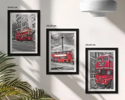 3-piece wall art set featuring red buses in an urban London landscape
