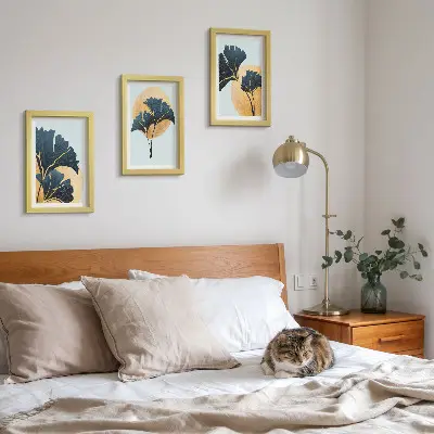 Photo frame wall with aesthetic ginkgo leaves on a light background