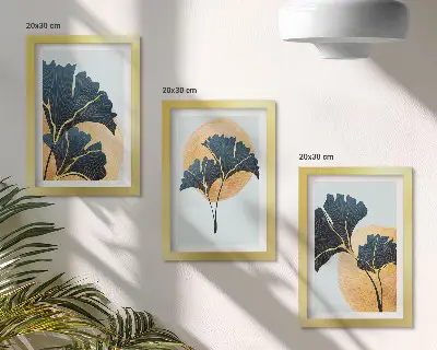 Photo frame wall with aesthetic ginkgo leaves on a light background