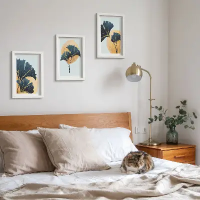 Photo frame wall with aesthetic ginkgo leaves on a light background