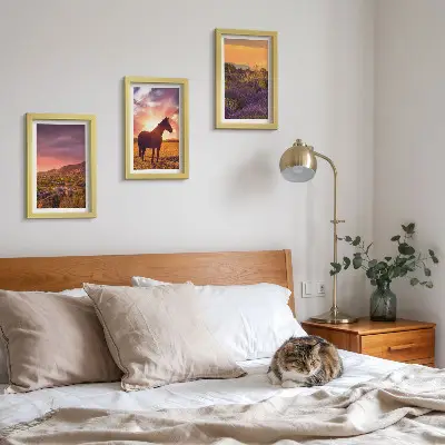 Mountain landscapes with horses and lavender fields framed triptych